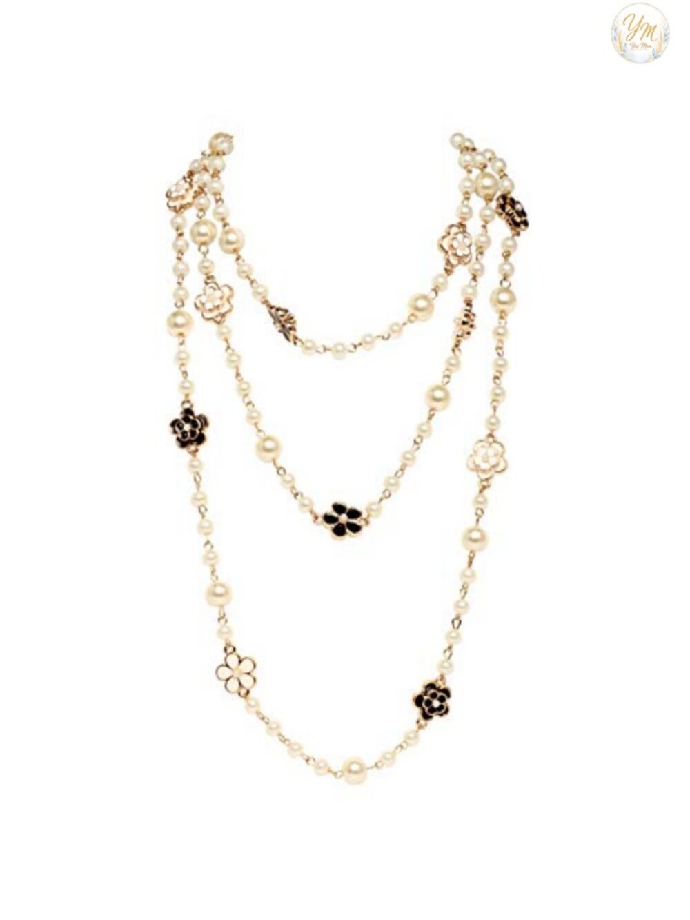 Layered Faux Pearl Necklace Gold-Tone Camellia Flower Charms 61in Statement